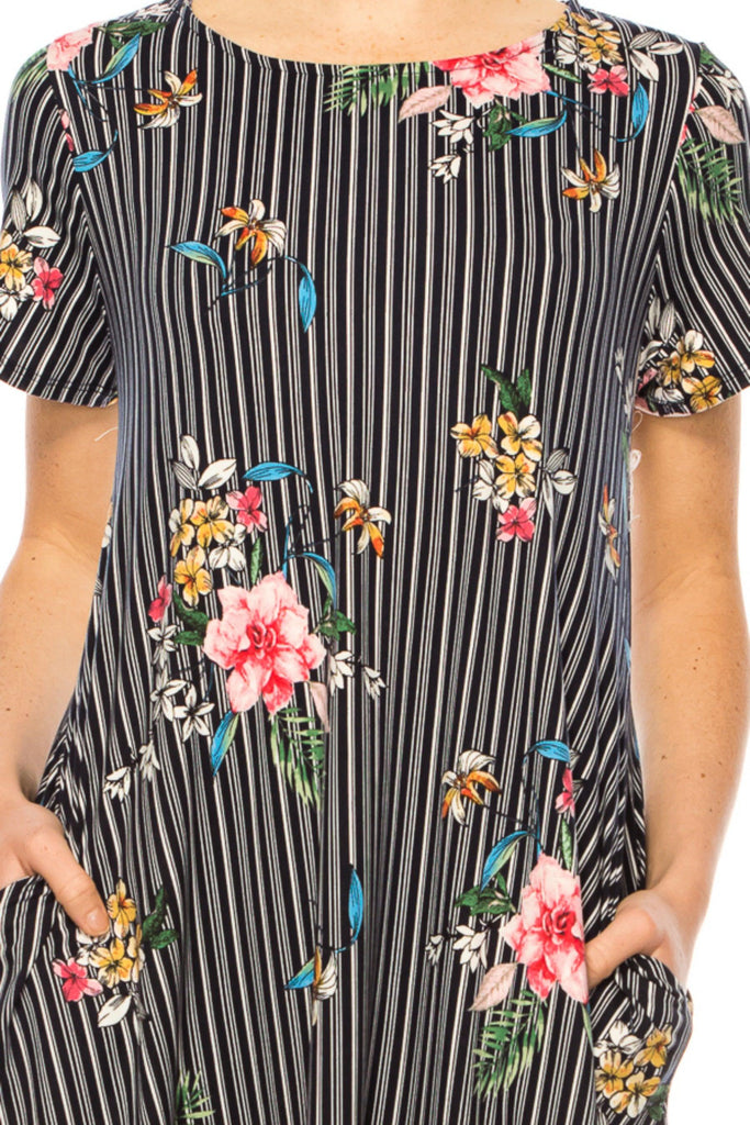 Women's Floral Short Sleeve Dress with Round Neckline and Side Pockets FashionJOA