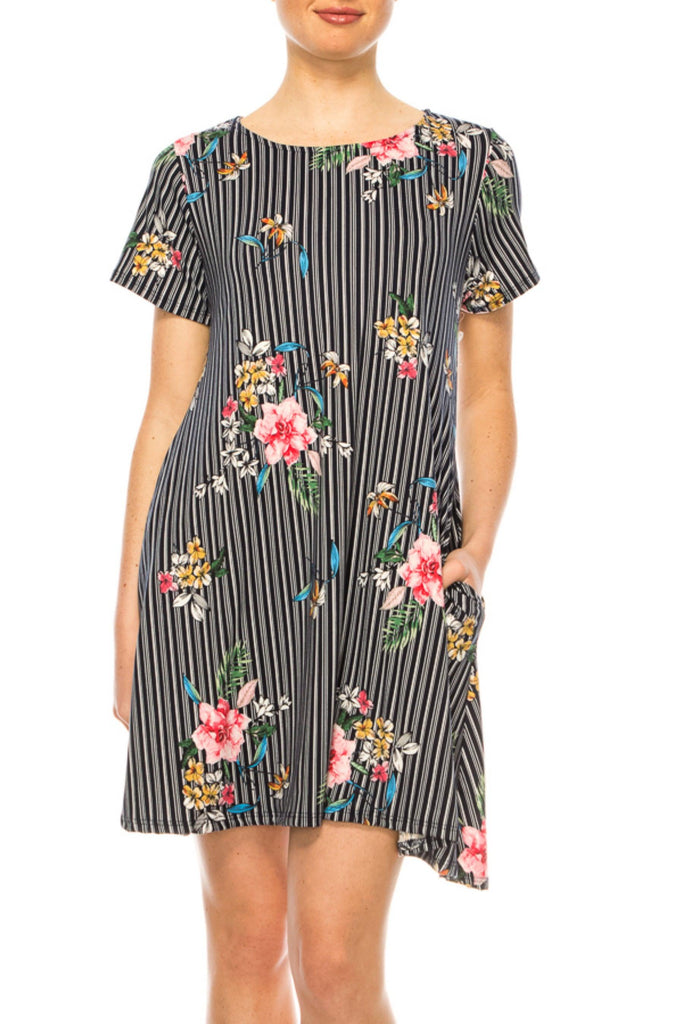 Women's Floral Short Sleeve Dress with Round Neckline and Side Pockets FashionJOA