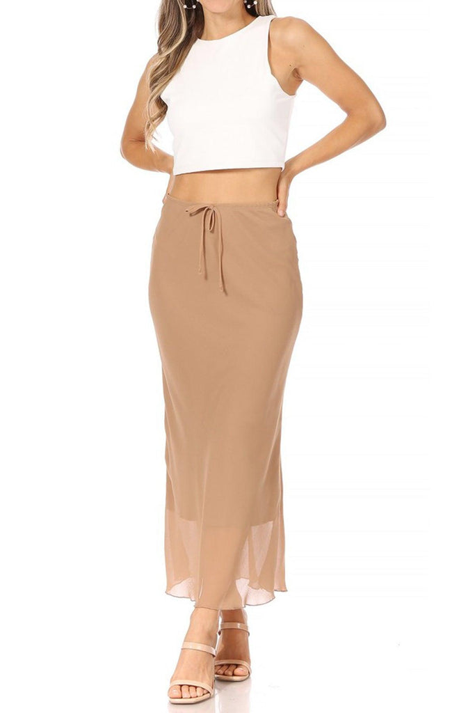 Women's High Rise Chiffon Overlay Maxi Draped Skirt with Waist Tie Accent. FashionJOA