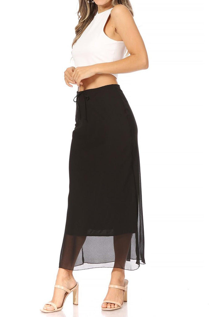 Women's High Rise Chiffon Overlay Maxi Draped Skirt with Waist Tie Accent. FashionJOA