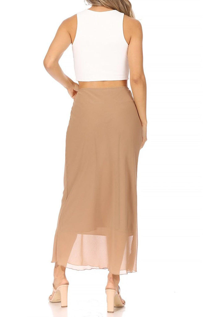 Women's High Rise Chiffon Overlay Maxi Draped Skirt with Waist Tie Accent. FashionJOA