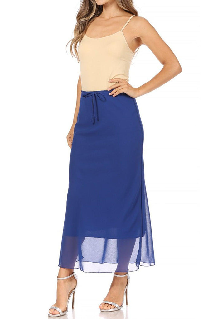 Women's High Rise Chiffon Overlay Maxi Draped Skirt with Waist Tie Accent. FashionJOA