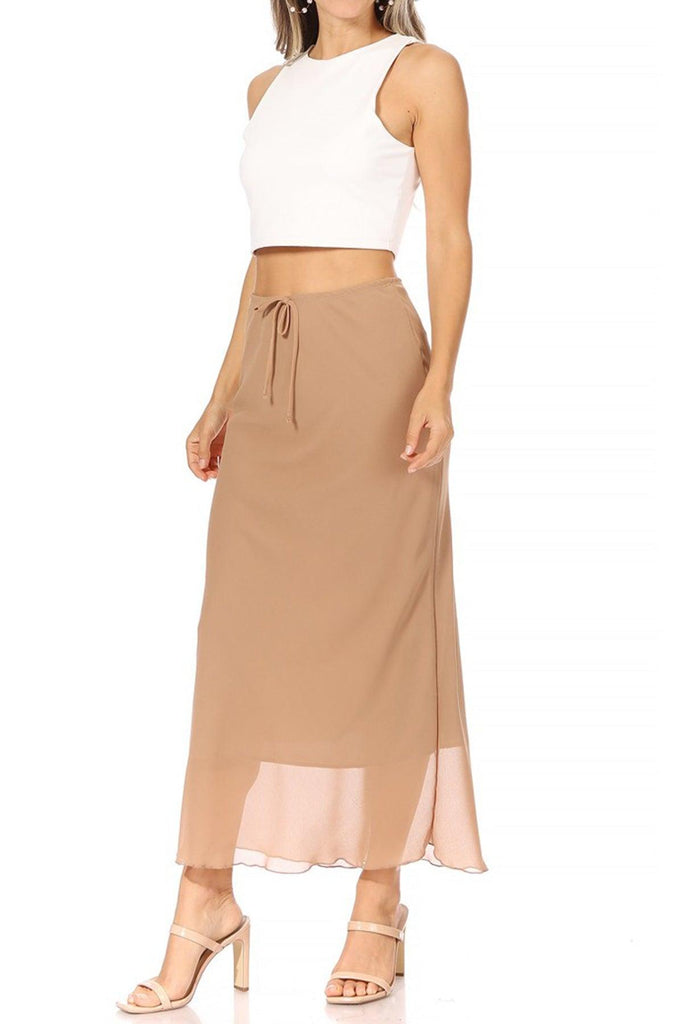 Women's High Rise Chiffon Overlay Maxi Draped Skirt with Waist Tie Accent. FashionJOA
