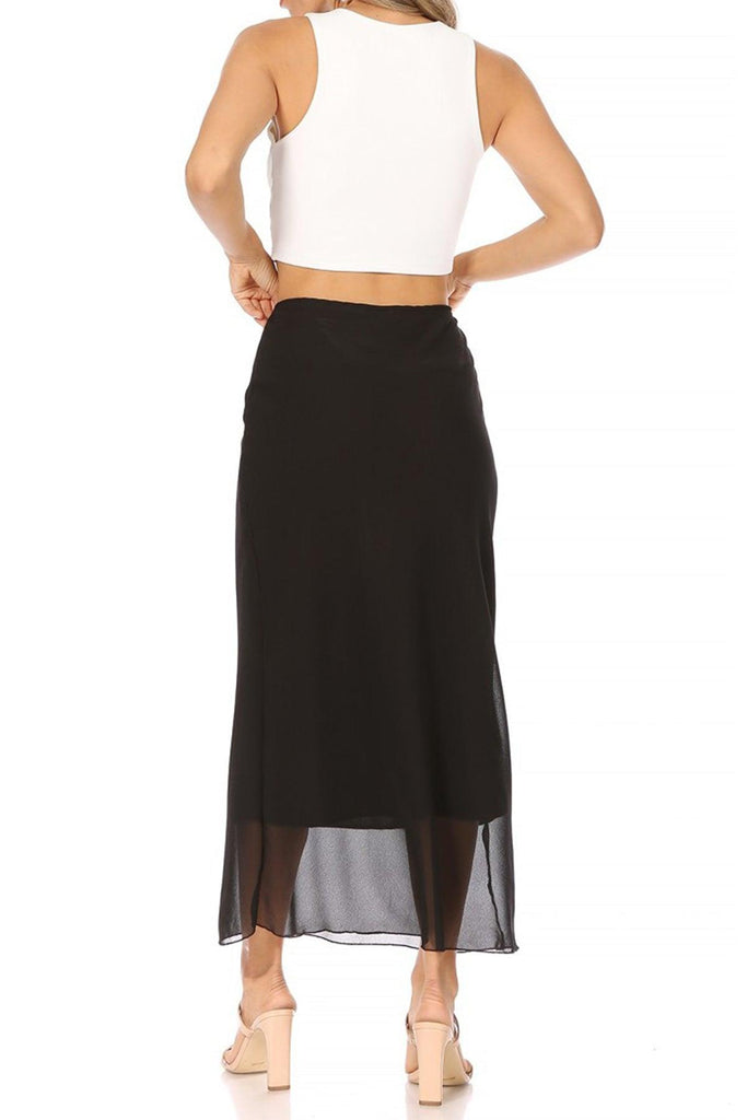 Women's High Rise Chiffon Overlay Maxi Draped Skirt with Waist Tie Accent. FashionJOA