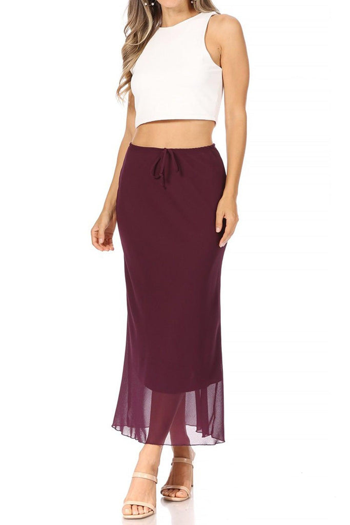 Women's High Rise Chiffon Overlay Maxi Draped Skirt with Waist Tie Accent. FashionJOA
