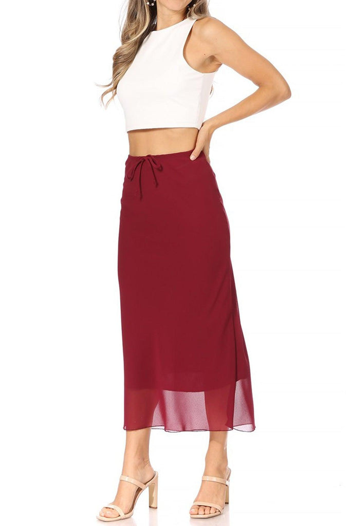 Women's High Rise Chiffon Overlay Maxi Draped Skirt with Waist Tie Accent. FashionJOA