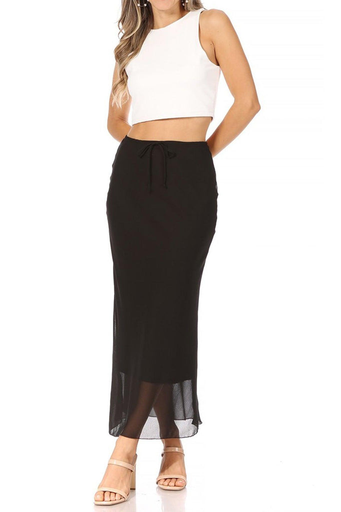 Women's High Rise Chiffon Overlay Maxi Draped Skirt with Waist Tie Accent. FashionJOA