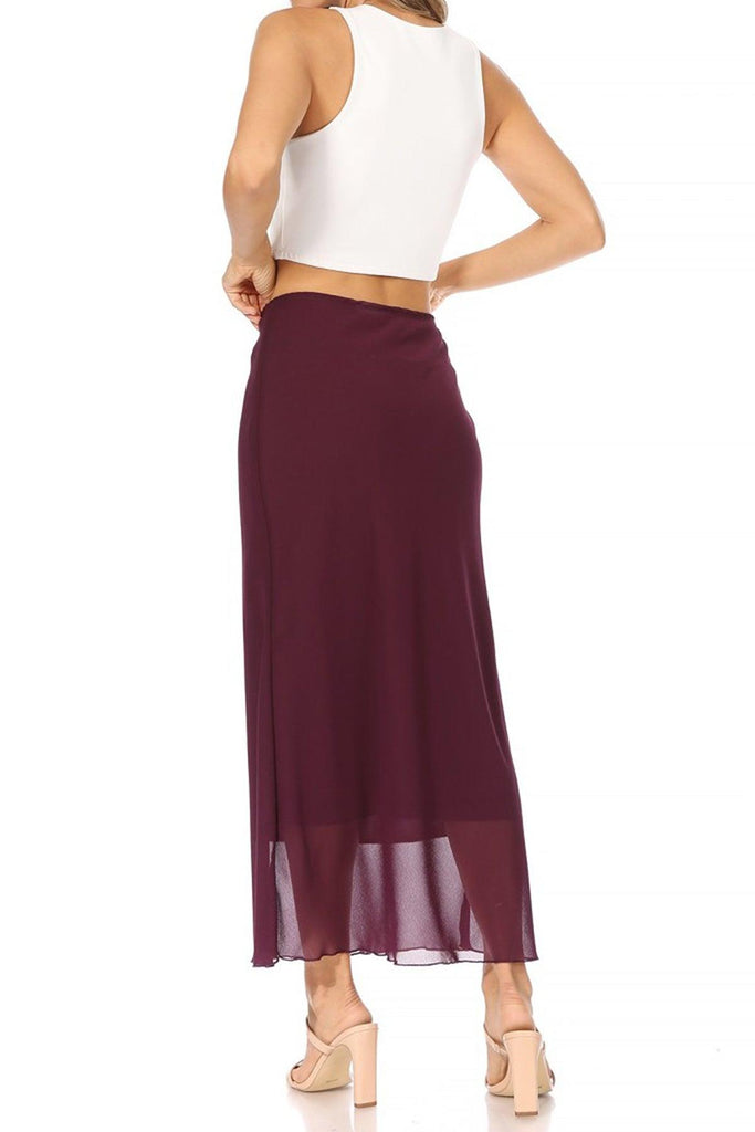 Women's High Rise Chiffon Overlay Maxi Draped Skirt with Waist Tie Accent. FashionJOA