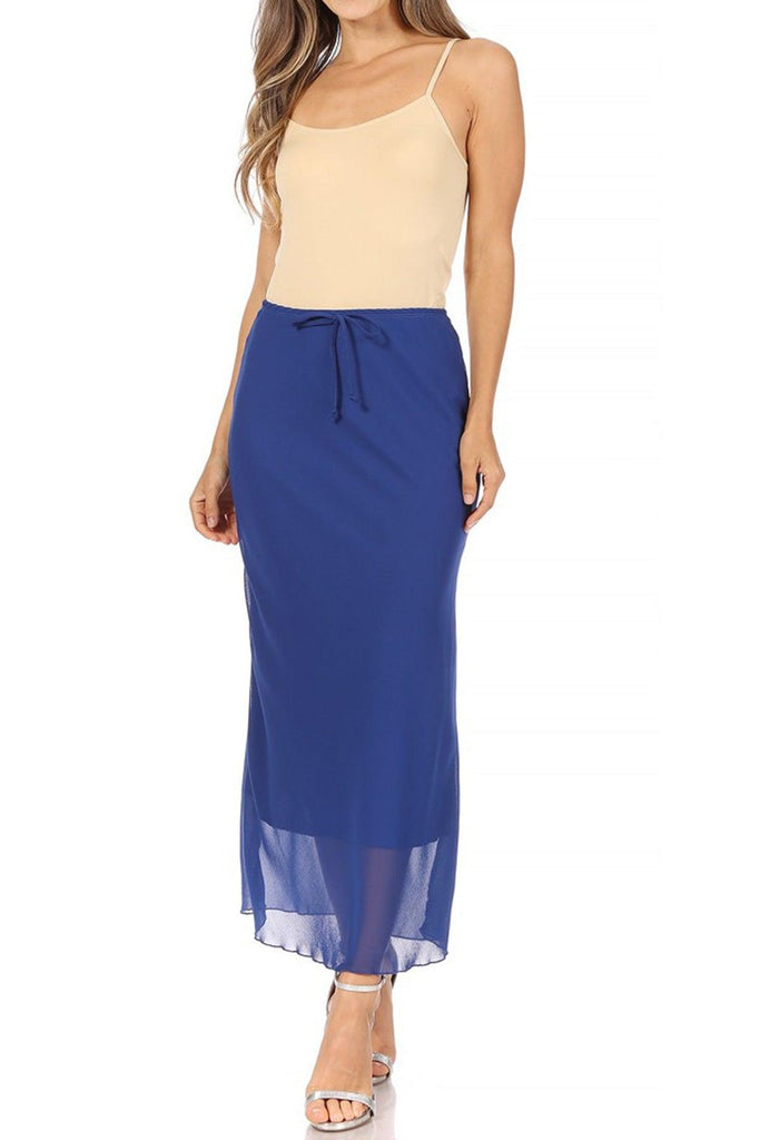 Women's High Rise Chiffon Overlay Maxi Draped Skirt with Waist Tie Accent. FashionJOA