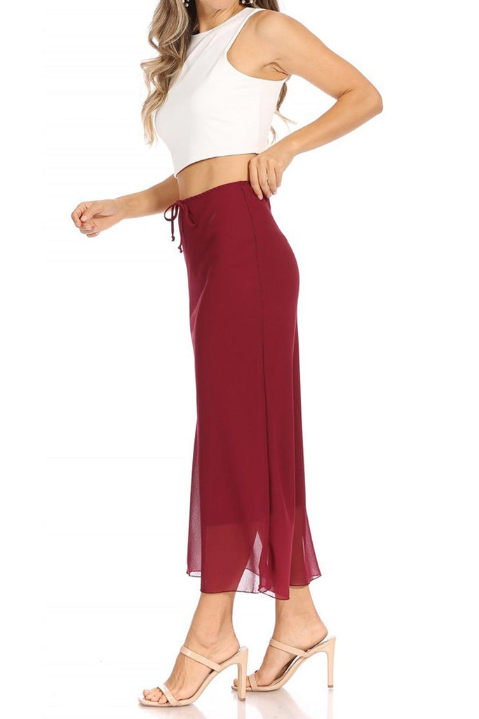 Women's High Rise Chiffon Overlay Maxi Draped Skirt with Waist Tie Accent. FashionJOA