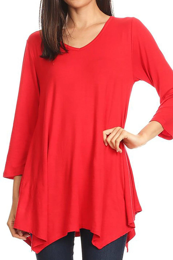 Women's Knit Asymmetrical 3/4 Sleeve V-Neck Flowy Blouse FashionJOA