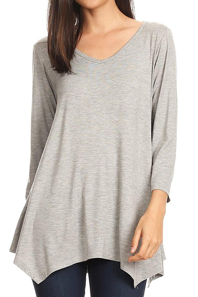 Women's Knit Asymmetrical 3/4 Sleeve V-Neck Flowy Blouse FashionJOA