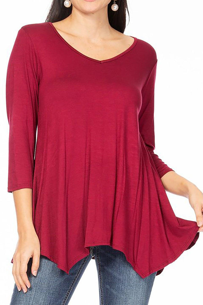 Women's Knit Asymmetrical 3/4 Sleeve V-Neck Flowy Blouse FashionJOA