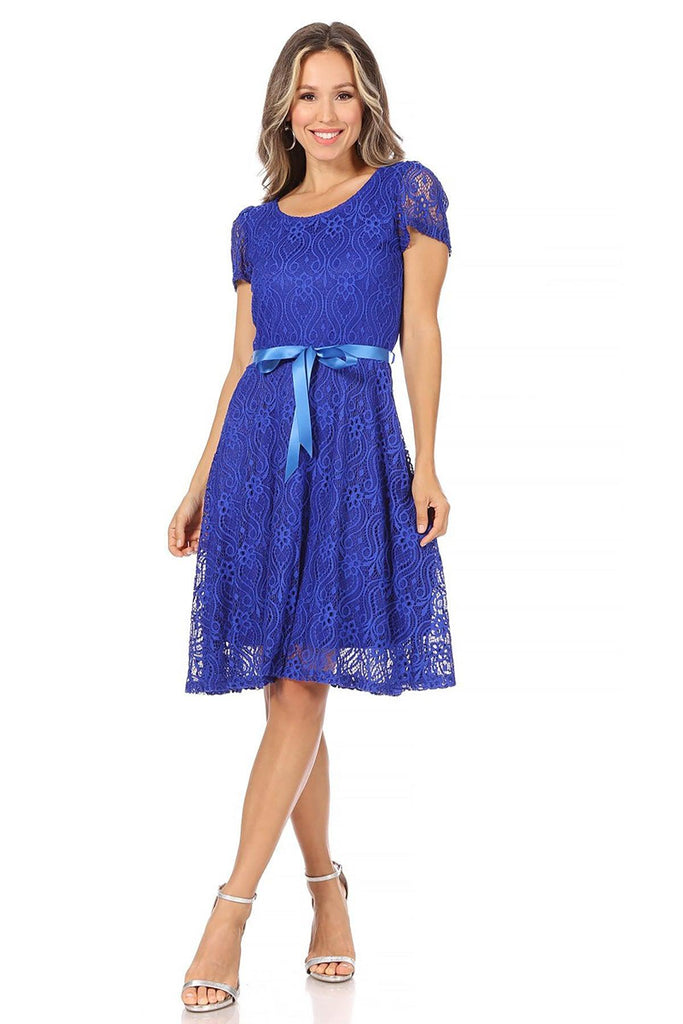 Women's Lace Short Sleeve A-Line Party Midi Dress FashionJOA