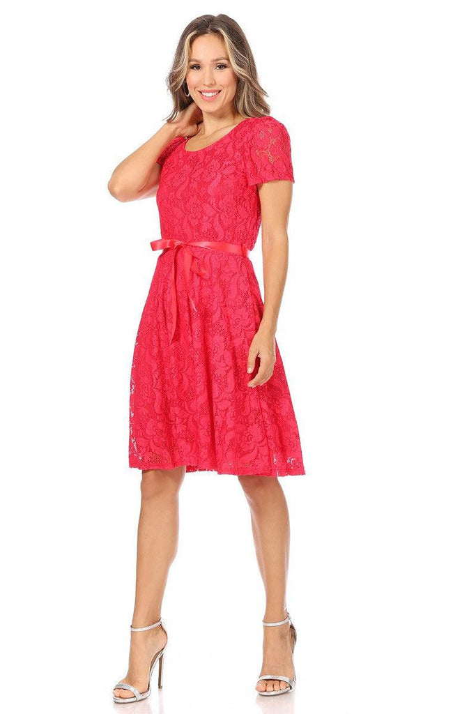 Women's Lace Short Sleeve A-Line Party Midi Dress FashionJOA