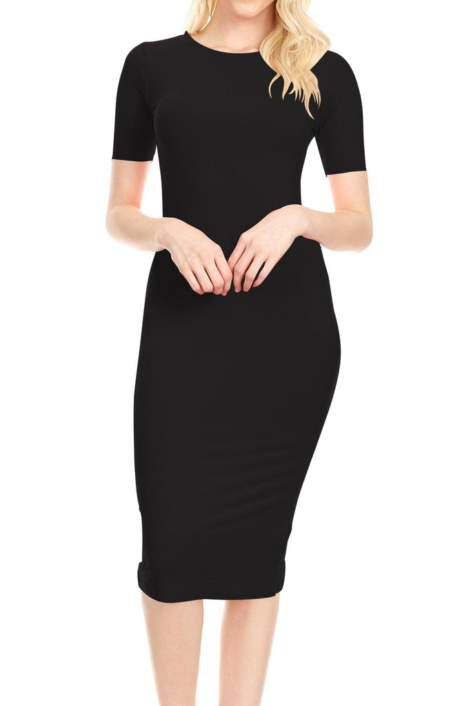 Women's Lightweight Bodycon Slim Fit Short Sleeve Basic Solid Midi Dress FashionJOA