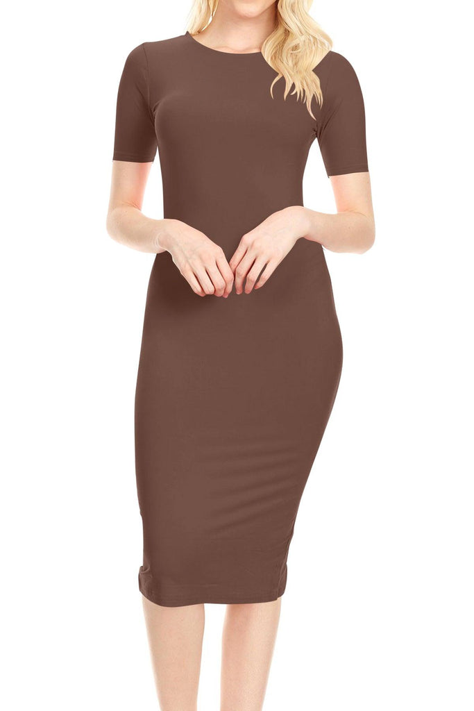 Women's Lightweight Bodycon Slim Fit Short Sleeve Basic Solid Midi Dress FashionJOA