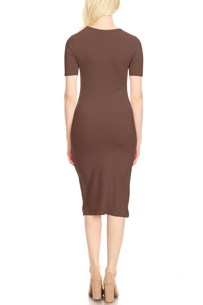 Women's Lightweight Bodycon Slim Fit Short Sleeve Basic Solid Midi Dress FashionJOA