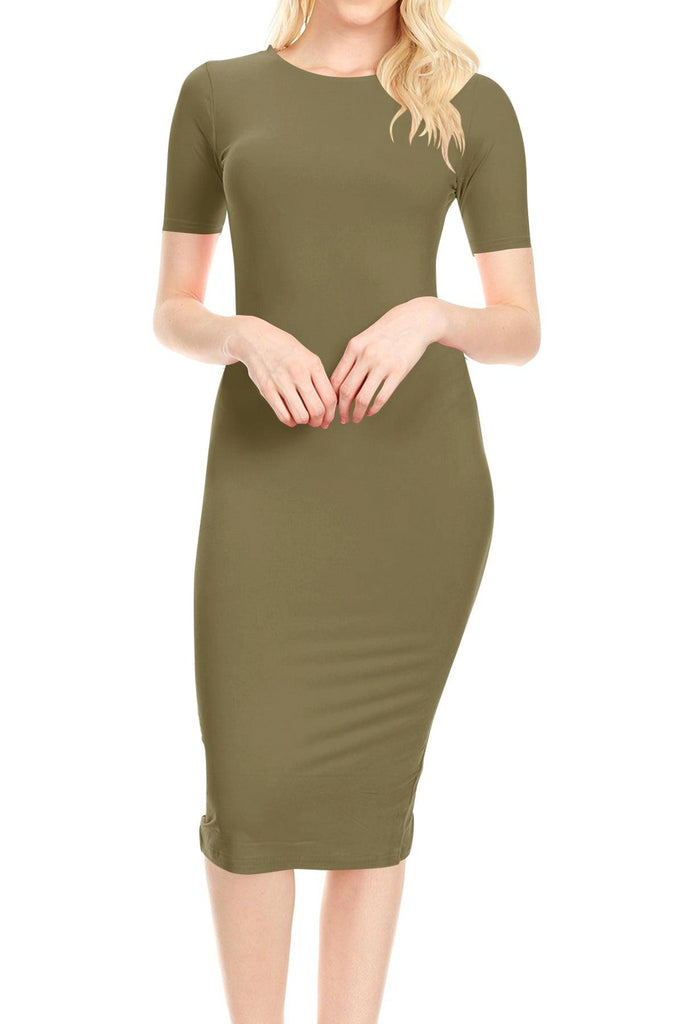 Women's Lightweight Bodycon Slim Fit Short Sleeve Basic Solid Midi Dress FashionJOA