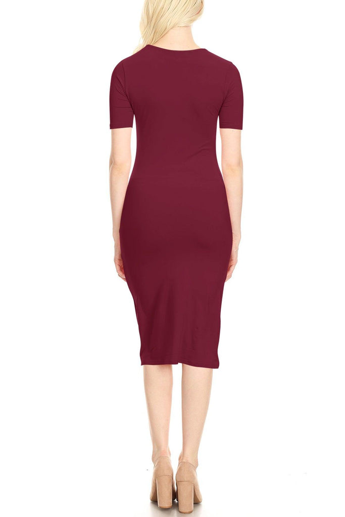 Women's Lightweight Bodycon Slim Fit Short Sleeve Basic Solid Midi Dress FashionJOA