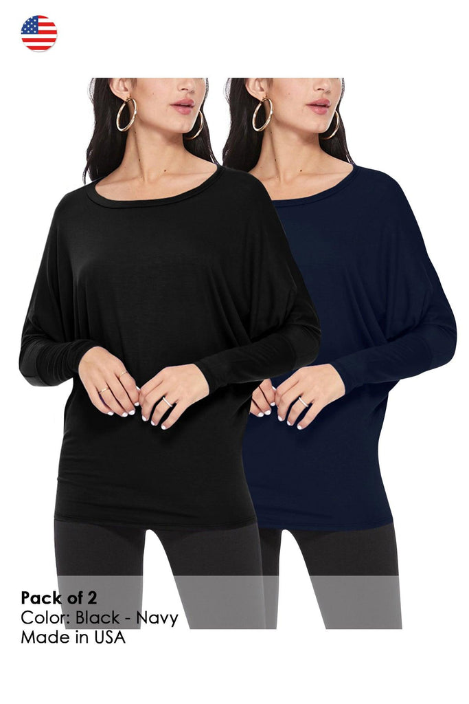 Women's Lightweight Solid Stretch Loose Fit Long Sleeve Dolman Tunic Top (Pack of 2) FashionJOA