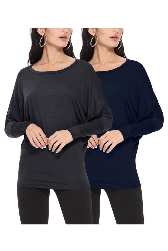 Women's Lightweight Solid Stretch Loose Fit Long Sleeve Dolman Tunic Top (Pack of 2) FashionJOA