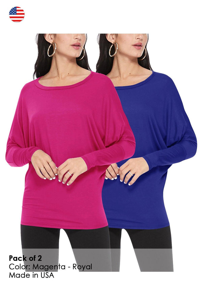 Women's Lightweight Solid Stretch Loose Fit Long Sleeve Dolman Tunic Top (Pack of 2) FashionJOA