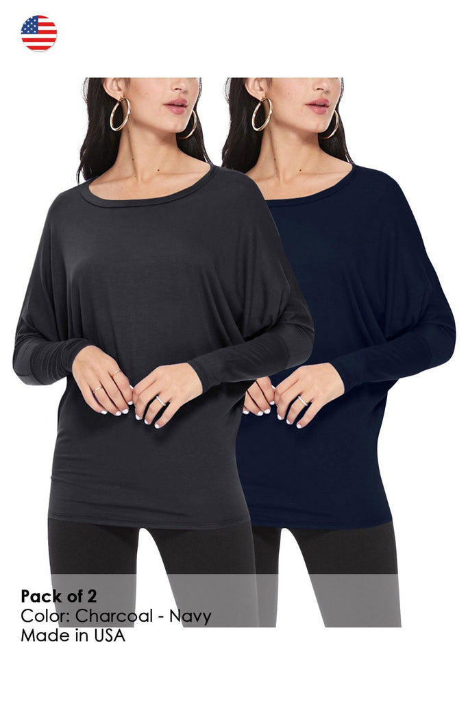 Women's Lightweight Solid Stretch Loose Fit Long Sleeve Dolman Tunic Top (Pack of 2) FashionJOA