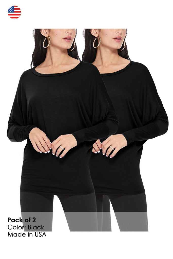 Women's Lightweight Solid Stretch Loose Fit Long Sleeve Dolman Tunic Top (Pack of 2) FashionJOA