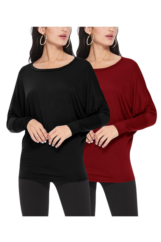 Women's Lightweight Solid Stretch Loose Fit Long Sleeve Dolman Tunic Top (Pack of 2) FashionJOA