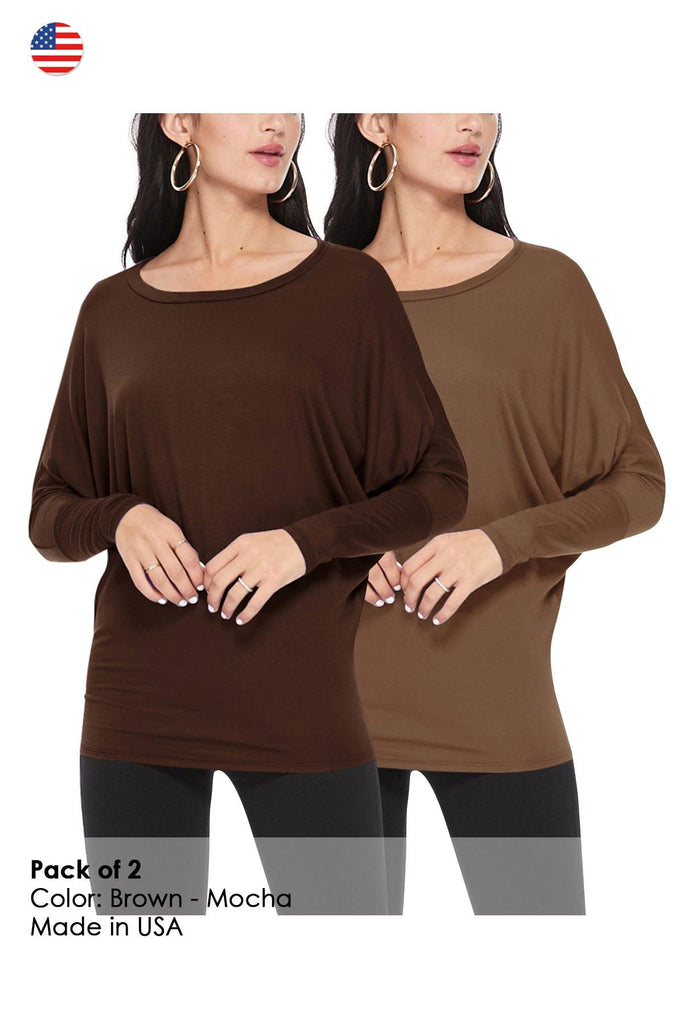 Women's Lightweight Solid Stretch Loose Fit Long Sleeve Dolman Tunic Top (Pack of 2) FashionJOA