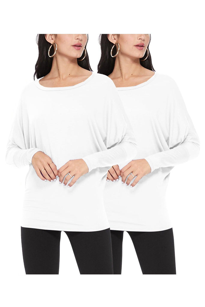 Women's Lightweight Solid Stretch Loose Fit Long Sleeve Dolman Tunic Top (Pack of 2) FashionJOA