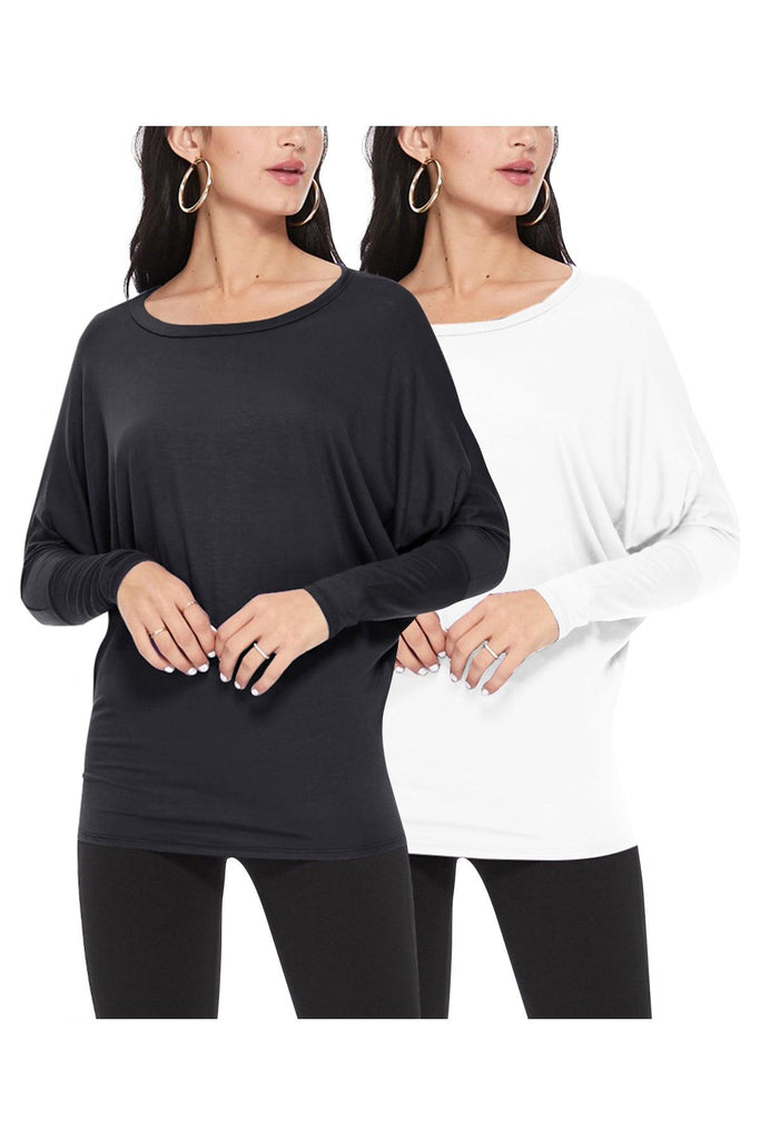 Women's Lightweight Solid Stretch Loose Fit Long Sleeve Dolman Tunic Top (Pack of 2) FashionJOA