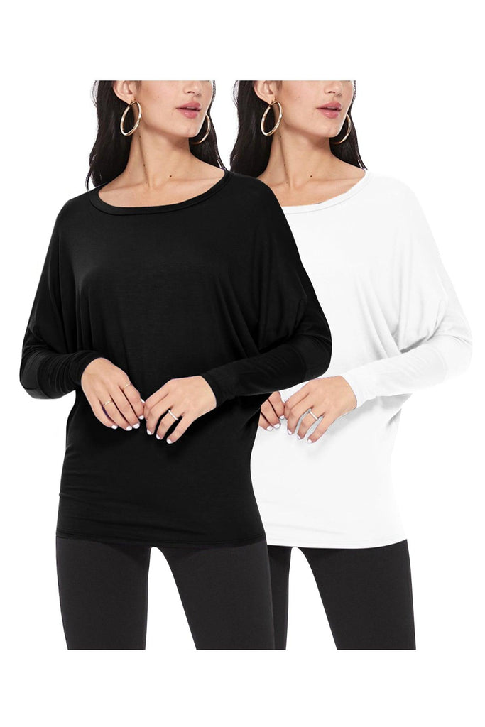 Women's Lightweight Solid Stretch Loose Fit Long Sleeve Dolman Tunic Top (Pack of 2) FashionJOA