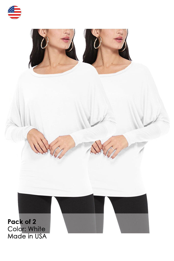 Women's Lightweight Solid Stretch Loose Fit Long Sleeve Dolman Tunic Top (Pack of 2) FashionJOA