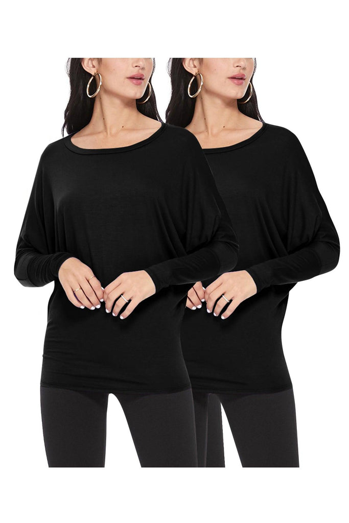 Women's Lightweight Solid Stretch Loose Fit Long Sleeve Dolman Tunic Top (Pack of 2) FashionJOA