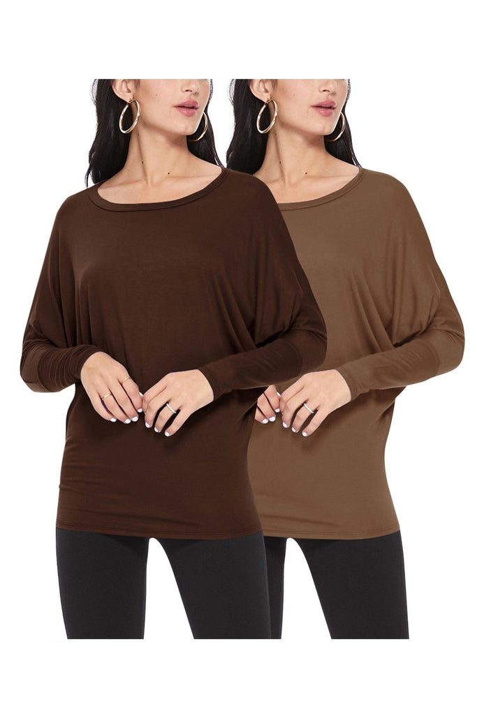 Women's Lightweight Solid Stretch Loose Fit Long Sleeve Dolman Tunic Top (Pack of 2) FashionJOA