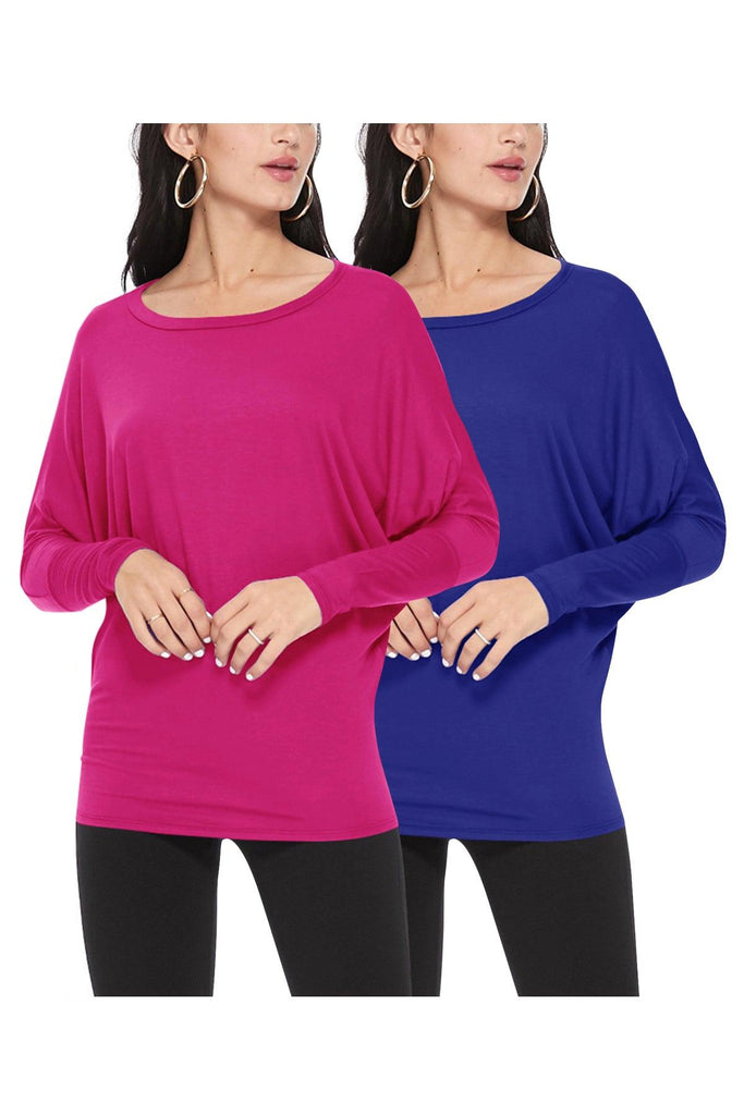 Women's Lightweight Solid Stretch Loose Fit Long Sleeve Dolman Tunic Top (Pack of 2) FashionJOA