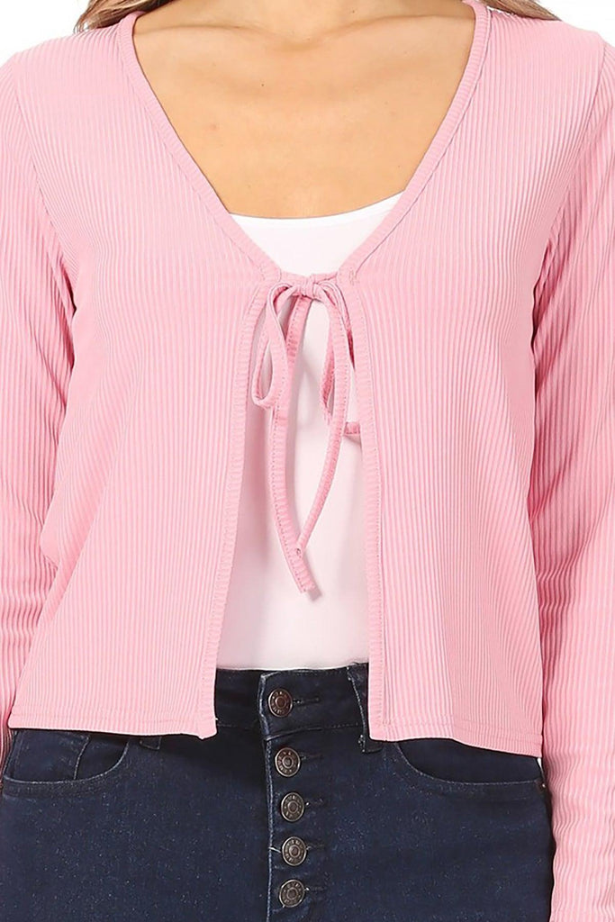 Women's Long Sleeve Deep V Neck Open Front Tie Up Crop Rib Knit Cardigan FashionJOA