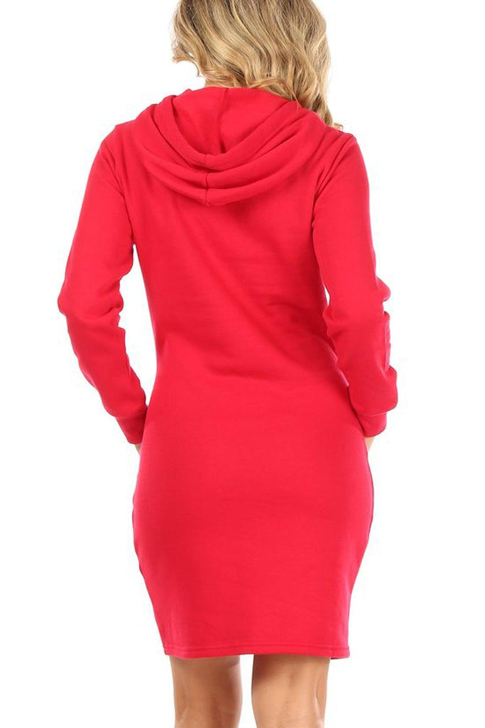 Women's Long Sleeve Fleece Pull On Mini Midi Solid Hooded Dress FashionJOA