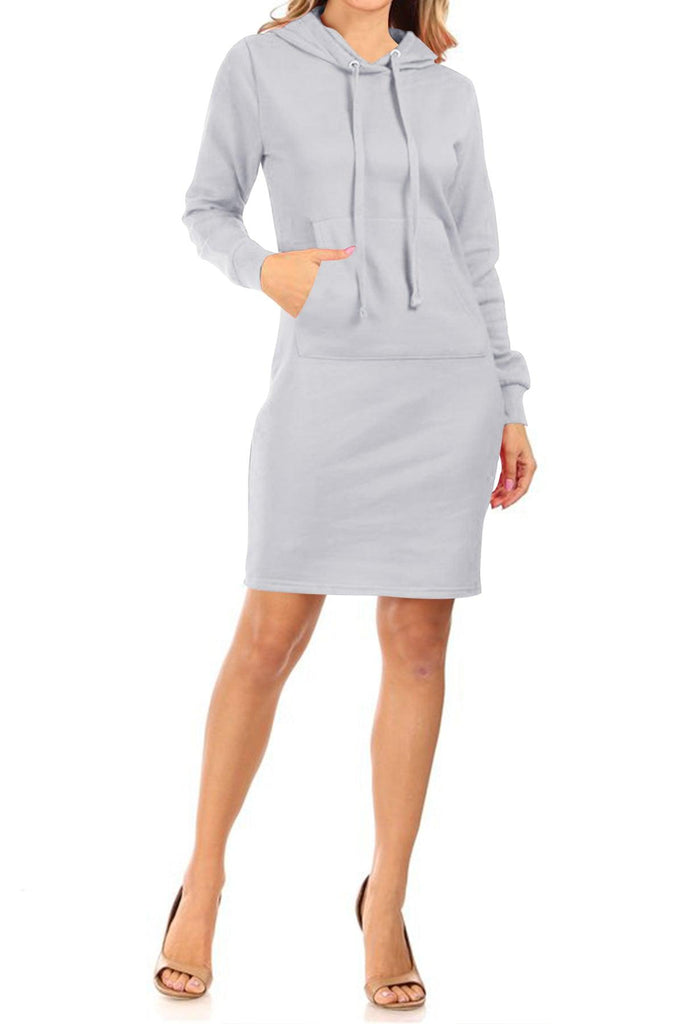 Women's Long Sleeve Fleece Pull On Mini Midi Solid Hooded Dress FashionJOA