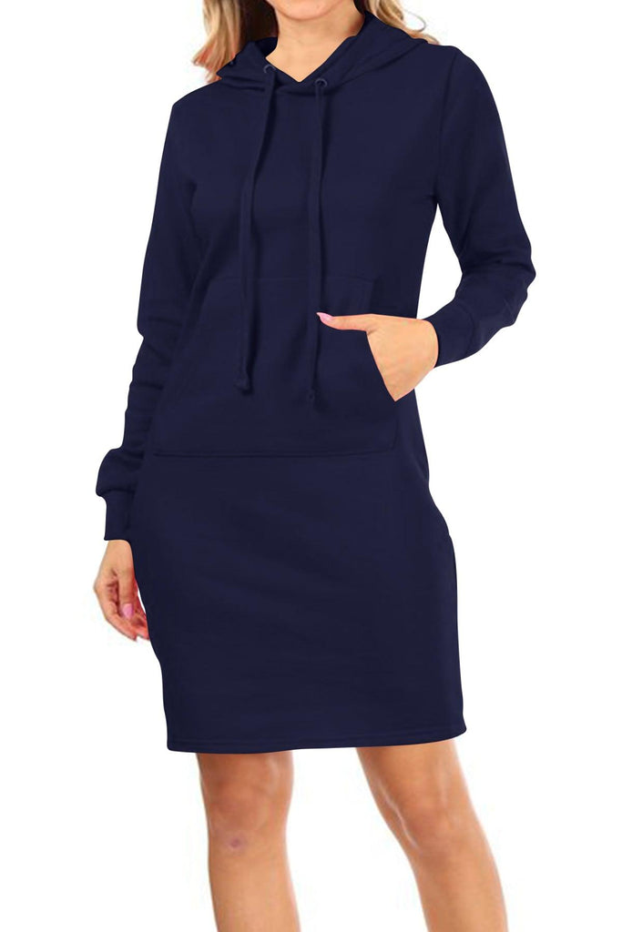 Women's Long Sleeve Fleece Pull On Mini Midi Solid Hooded Dress FashionJOA