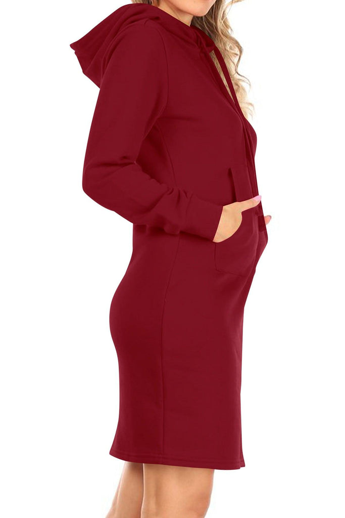 Women's Long Sleeve Fleece Pull On Mini Midi Solid Hooded Dress FashionJOA