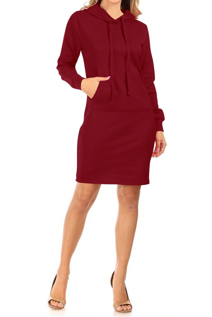 Women's Long Sleeve Fleece Pull On Mini Midi Solid Hooded Dress FashionJOA