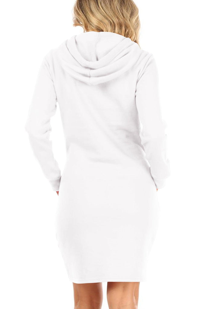 Women's Long Sleeve Fleece Pull On Mini Midi Solid Hooded Dress FashionJOA