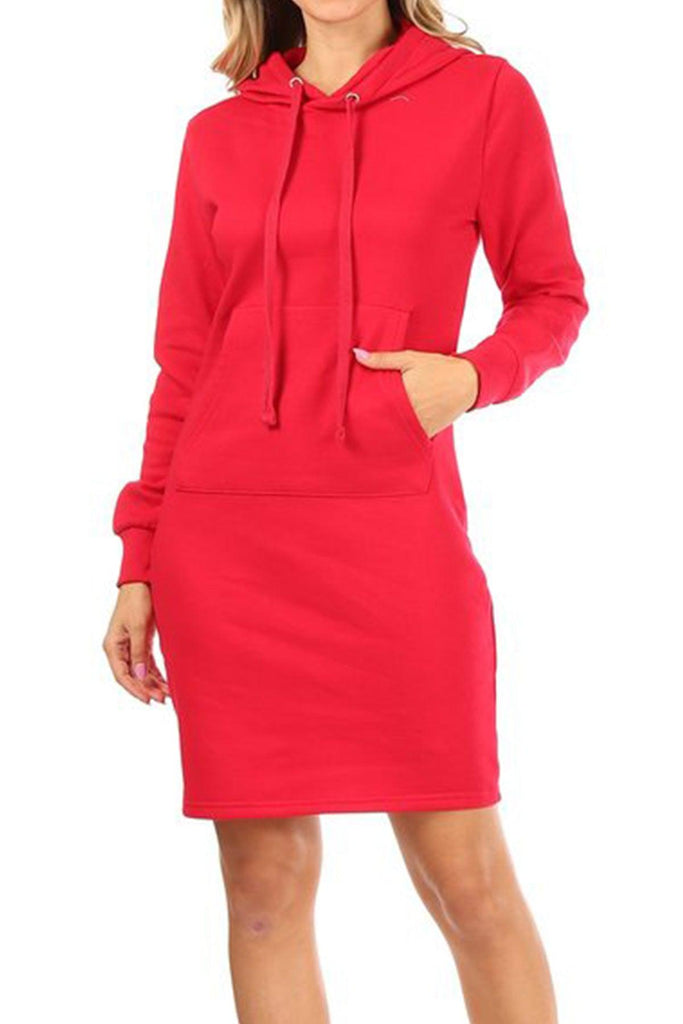 Women's Long Sleeve Fleece Pull On Mini Midi Solid Hooded Dress FashionJOA