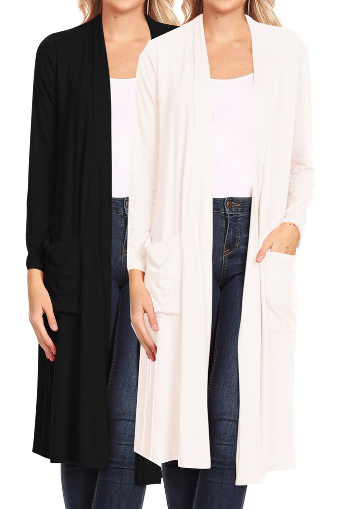 Women's Loose Fit Open Front Side Pockets Solid Lightweight Long Cardigan (Pack of 2) FashionJOA