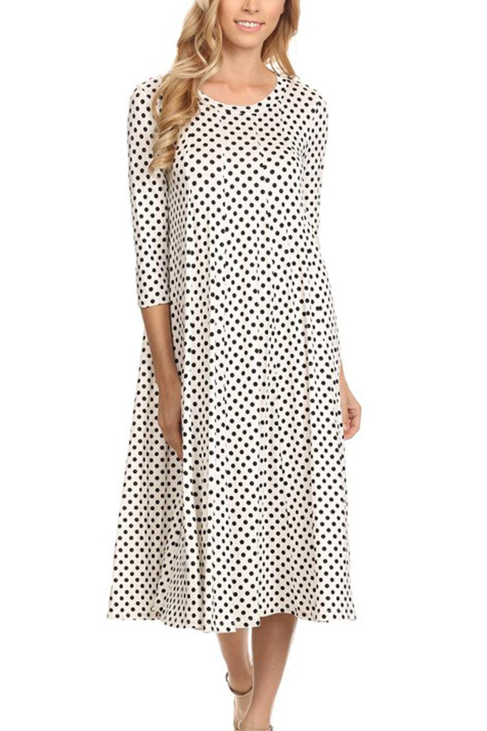 Women's Loose Fit Scoop Neck 3/4 Sleeve Polka Dot Patterned A-Line Midi Dress FashionJOA