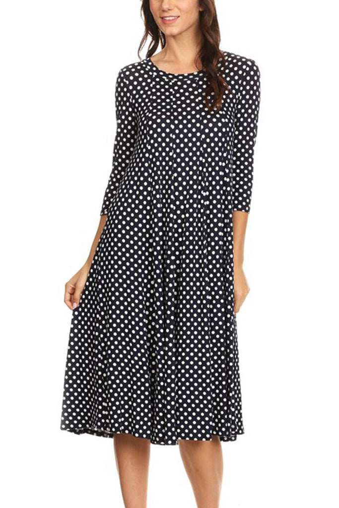 Women's Loose Fit Scoop Neck 3/4 Sleeve Polka Dot Patterned A-Line Midi Dress FashionJOA