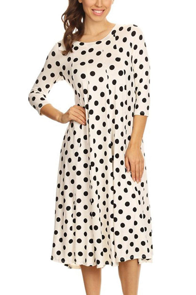 Women's Loose Fit Scoop Neck 3/4 Sleeve Polka Dot Patterned A-Line Midi Dress FashionJOA